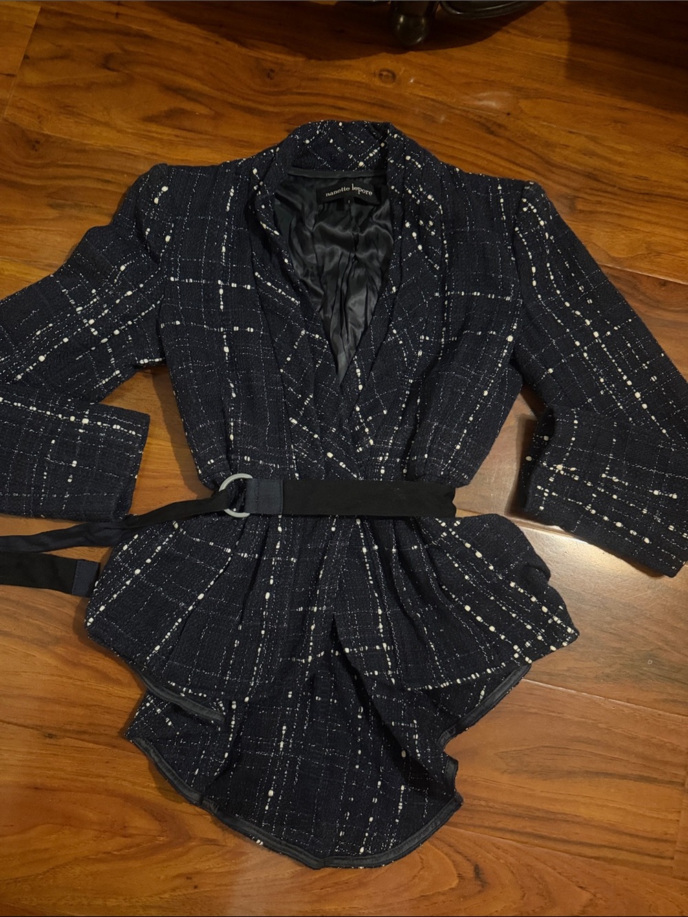 Nanette Lepore Vintage Navy Tweed Belted Peplum Blazer